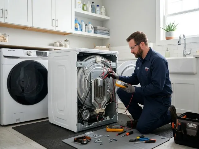 Appliance Repair Hero technician checking a dryer heating element with the rear panel off in Burkeville, VA