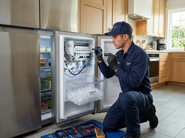 Appliance Repair Hero technician repairing a refrigerator ice maker in Burkeville, VA